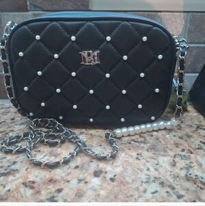 Badgley Mischka Black Quilted Crossbody with Pearl Accents NWT